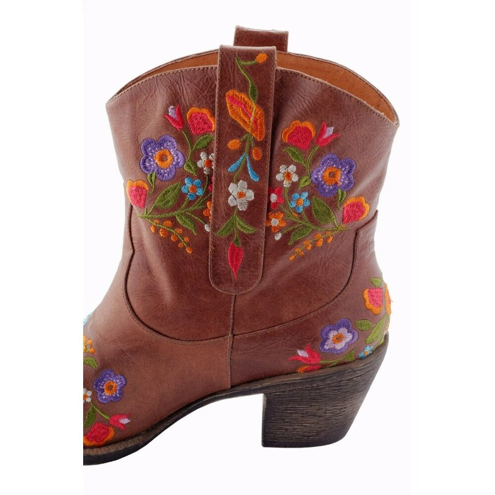 Women's Embroidered Floral Cowboy Ankle Boots Brown Leather Western Red Flowers - Picture 5 of 6